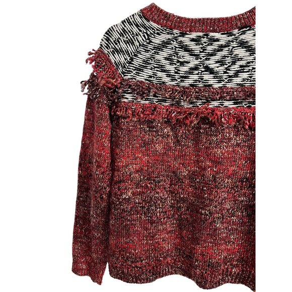 Sanctuary Chunky Knit Fringe Sweater Red Black Fair Isle Boho Size Small - Picture 15 of 16